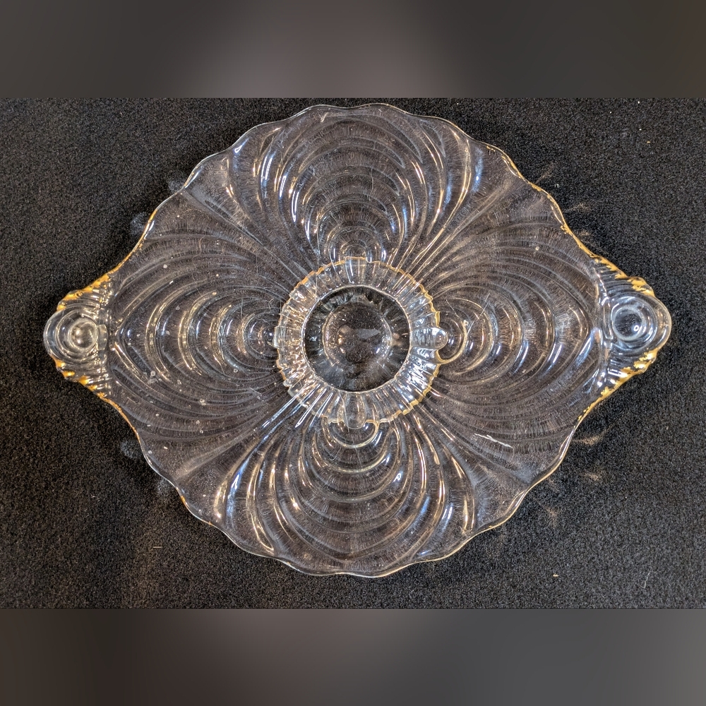 Vintage Cambridge Clear Glass Plate Caprice Gold Handles 10.5"  Pedestal Swirl